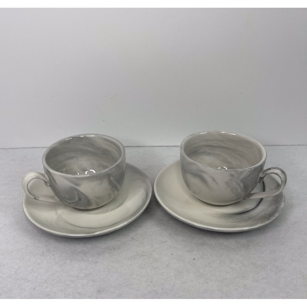 Ciroa Marbled Demitasse 2 Espresso Cups and Saucer set Gray Black White